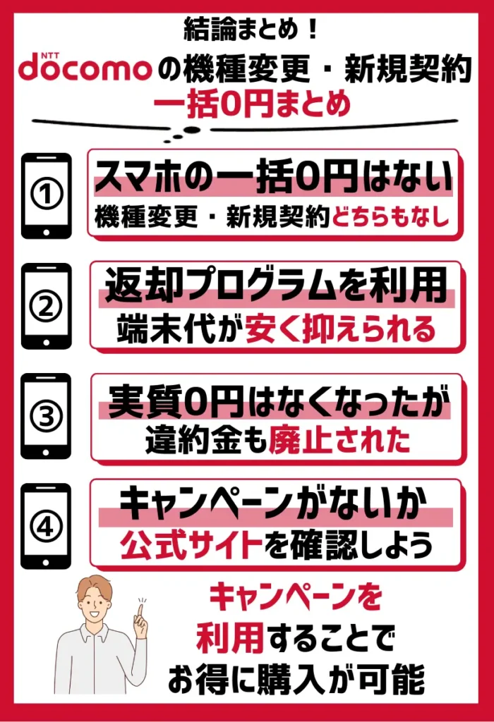 まとめ：ドコモの機種変更・新規契約で、iPhoneなどスマホの一括0円はない
