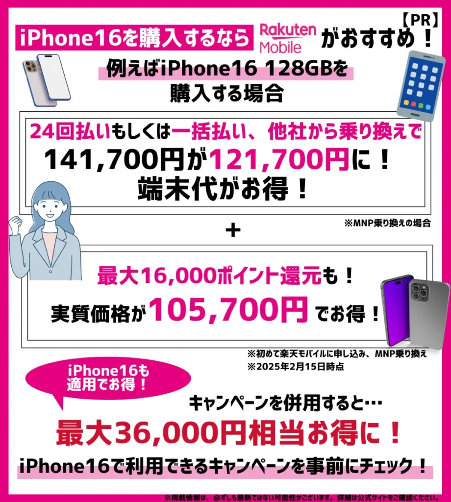 最大36,000円相当がお得！楽天モバイルならiPhone16 128GBの実質価格が105,700円