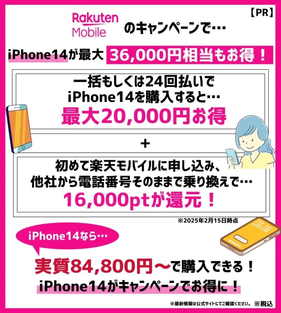 楽天モバイルで条件を満たしてiPhone14を購入すると最大36,000円相当がお得に！