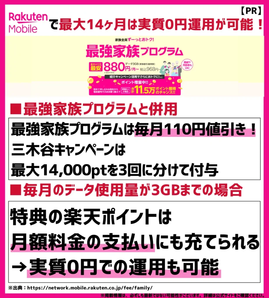 
【最大14ヶ月無料】三木谷キャンペーンと最強家族プログラムを併用した場合