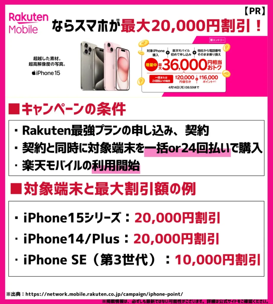 iPhoneをお得に購入したい場合｜三木谷キャンペーンと併用しつつ、20,000円の割引が適用可能
