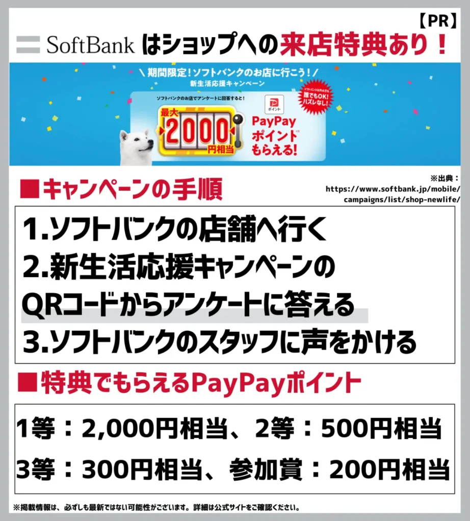 新生活応援キャンペーン｜ソフトバンクショップ店頭アンケート回答で最大2,000円相当のPayPayポイントが当たる