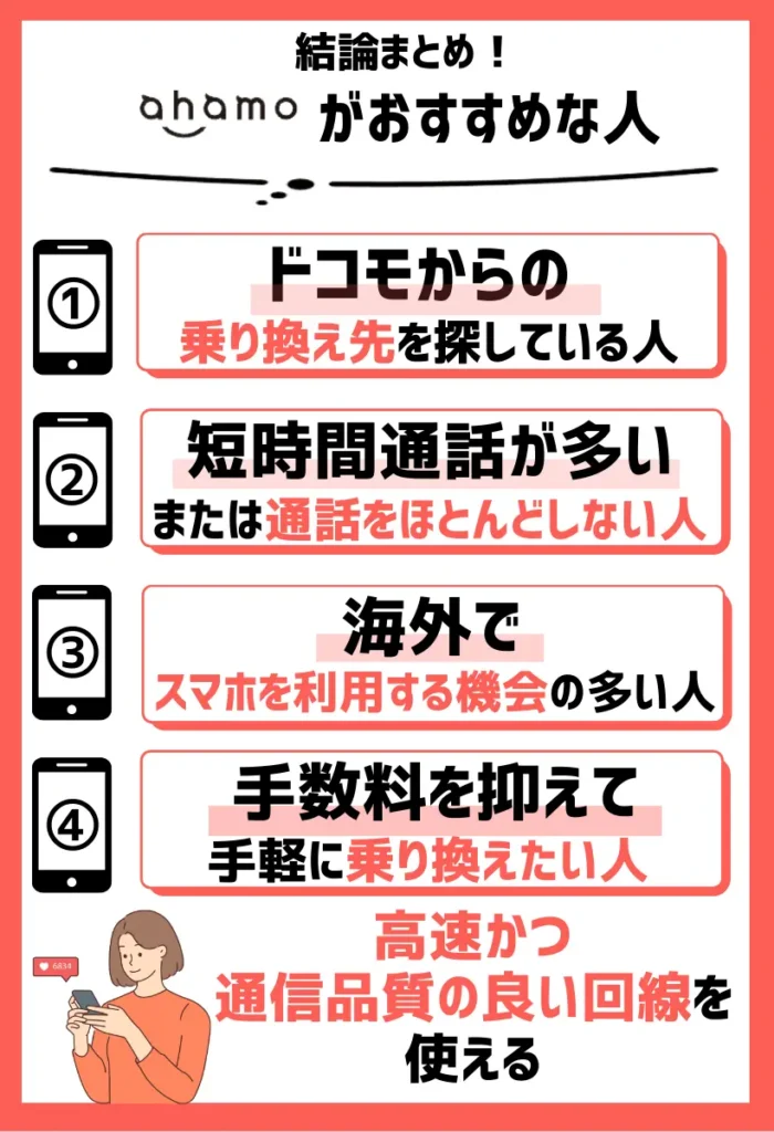 【ahamoがおすすめ】毎月10GB以上必要で短時間通話や海外利用の多い人