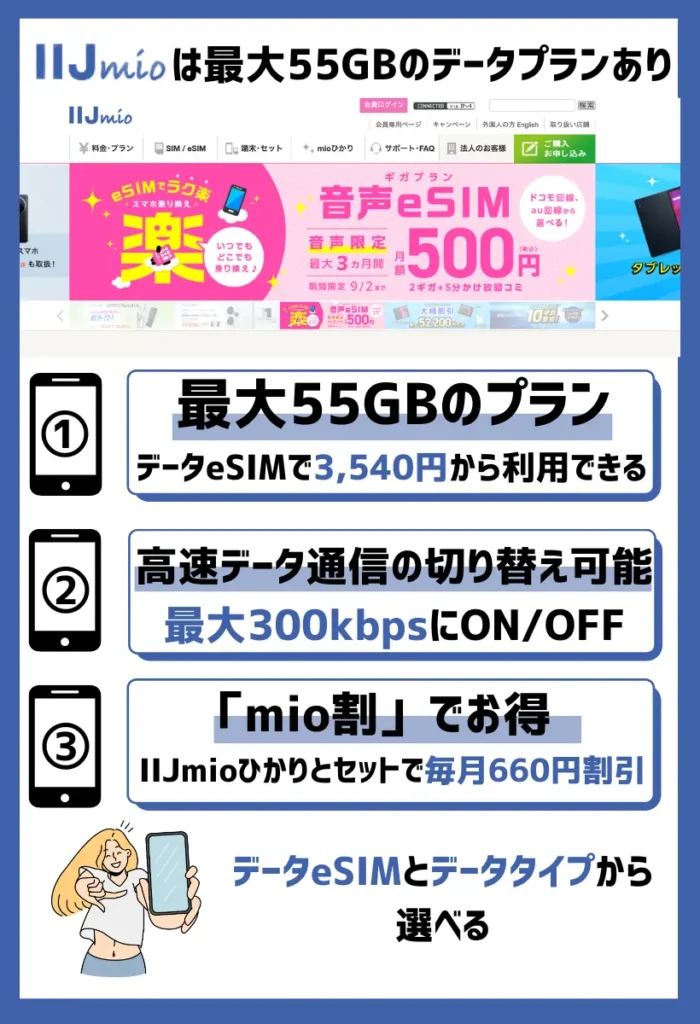 IIJmio｜最大55GBの大容量データプランあり！mio割でさらにお得に