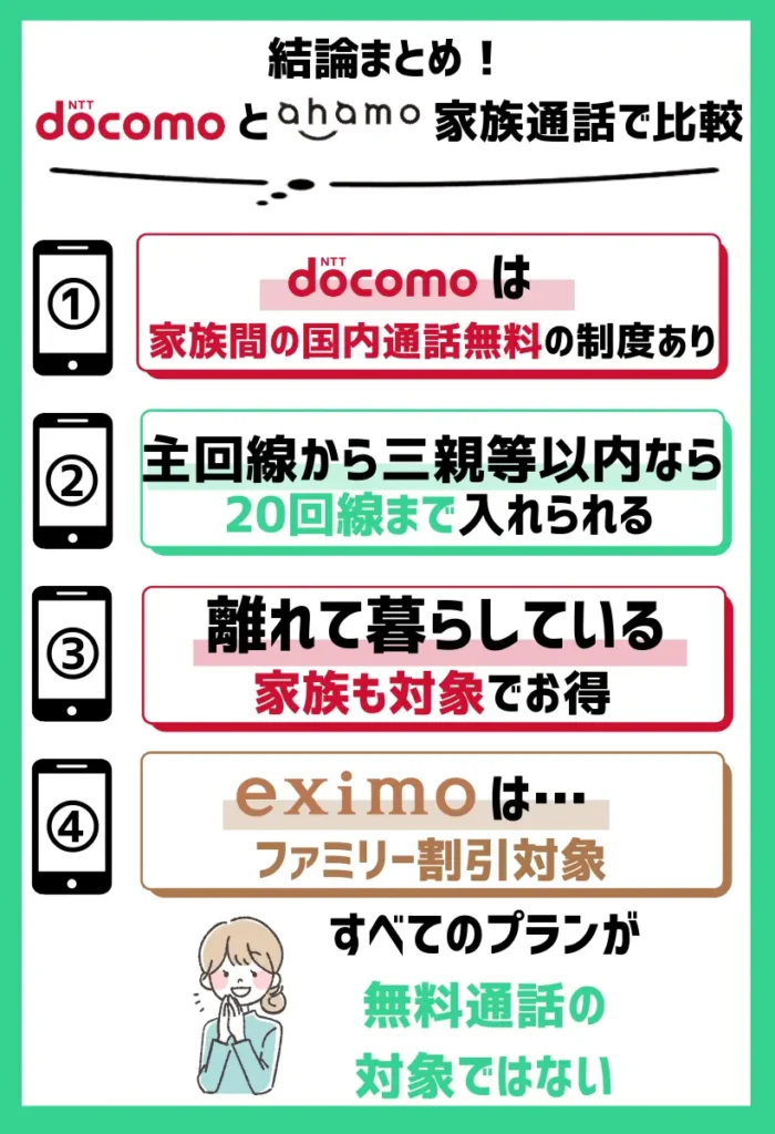 【家族通話で比較】ドコモは対象プラン加入者同士なら無料で、ahamoはdocomoからの着信は対象