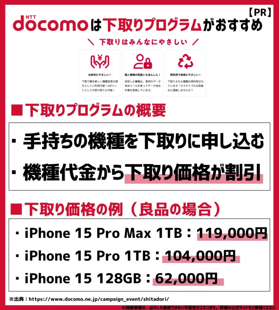 下取りプログラム|機種変更時の申し込みで、最大119,000円相当分のdポイントもしくは割引