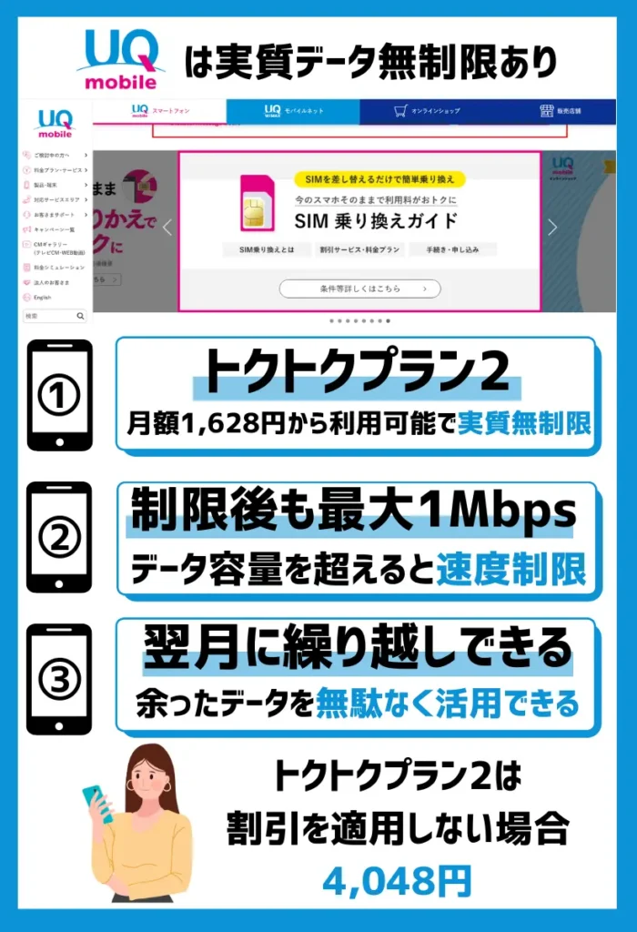 UQモバイル|トクトクプラン2/コミコミプランバリューは実質ギガ使いたい放題!速度制限後も最大1Mbps