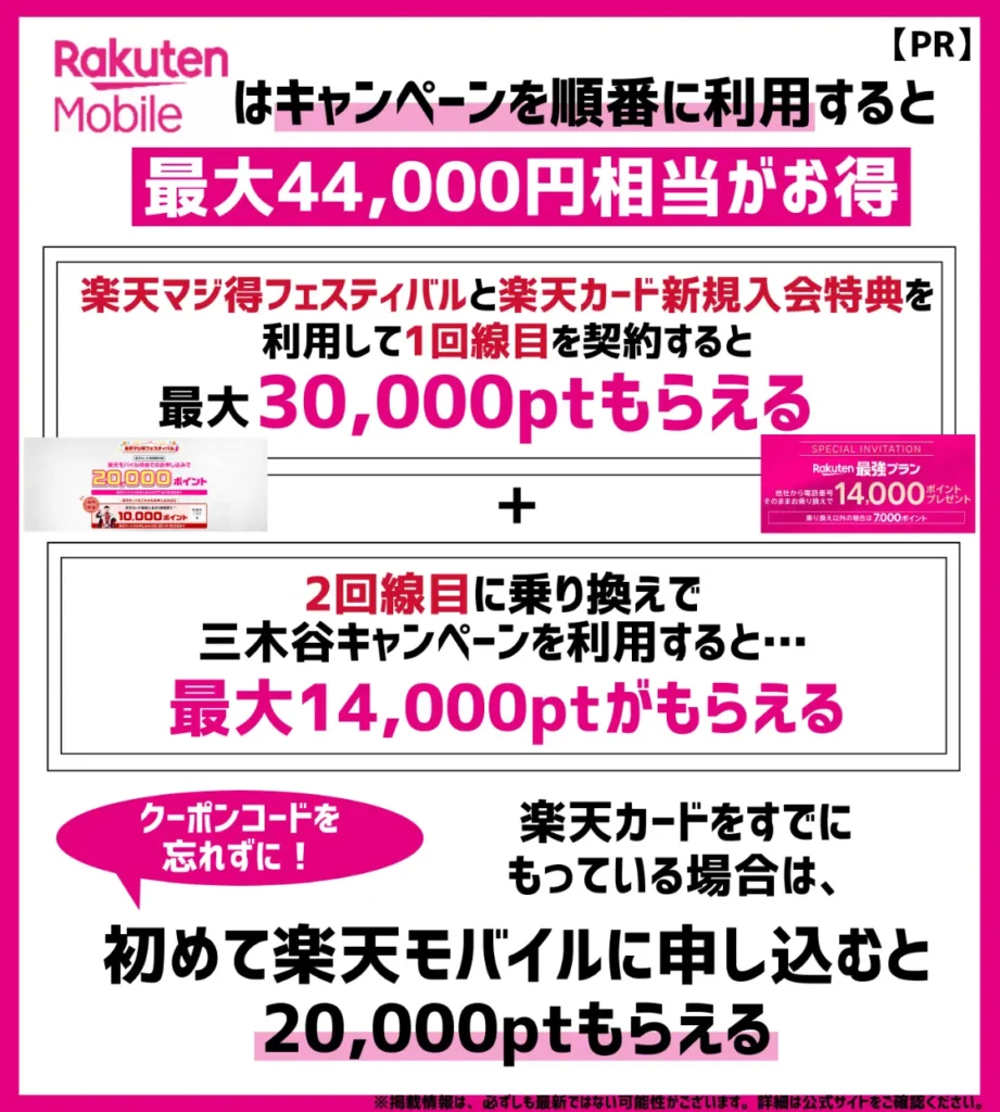 【4.4万円分】初回申し込み時に楽天マジ得フェスティバル + 2回線目に三木谷キャンペーン