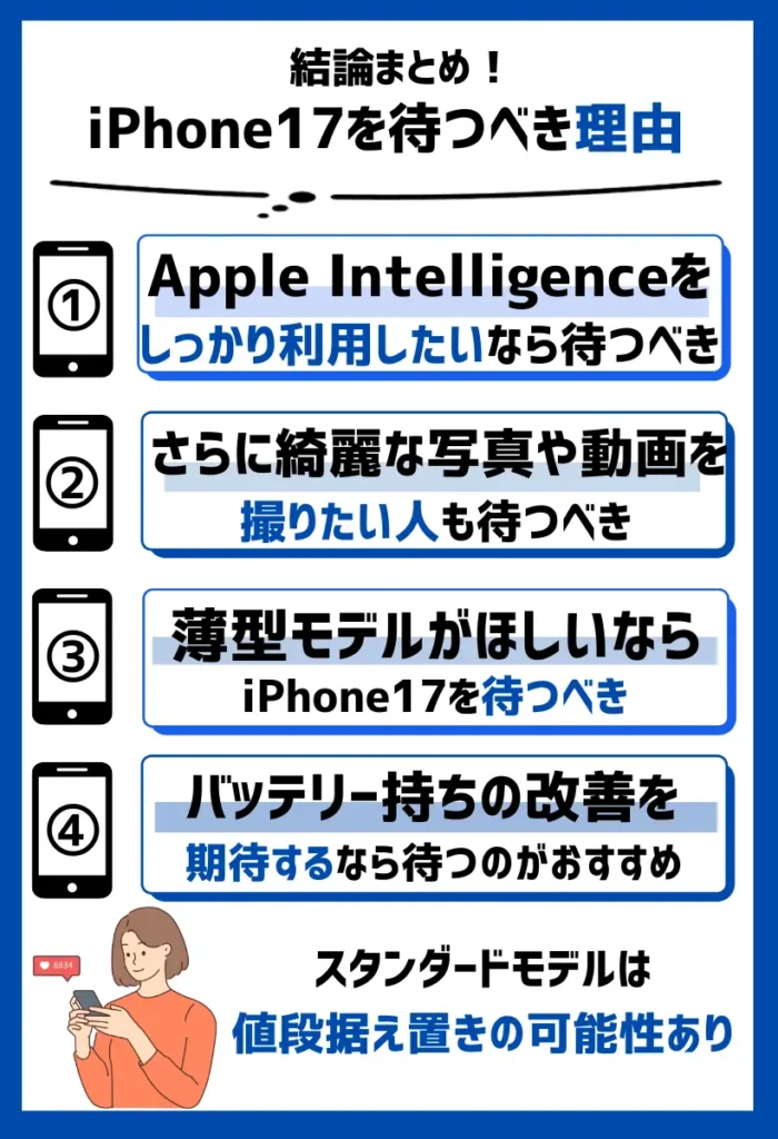 まとめ:生成AIや撮影機能重視ならiPhone17を待つべき!iPhone16からさらなるスペック向上に期待