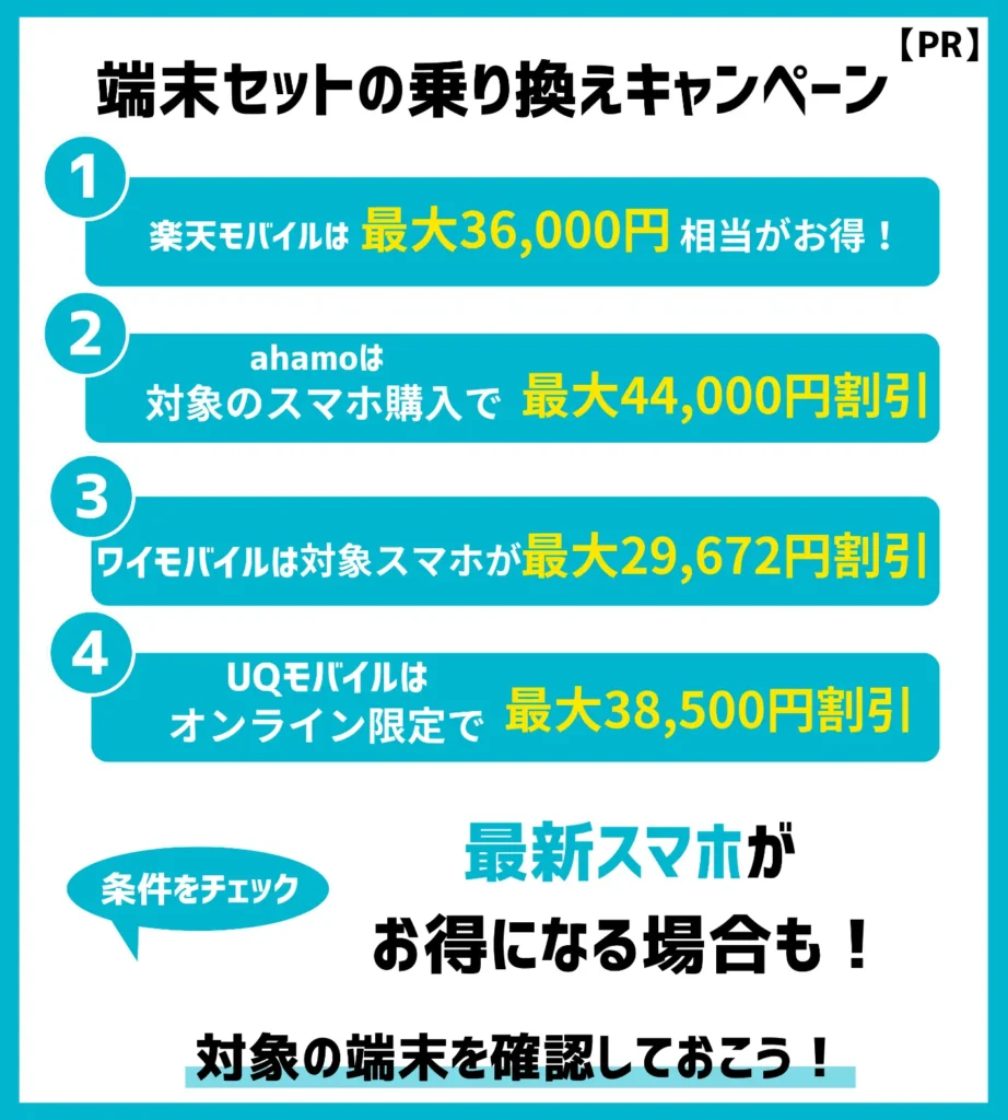 【端末セット】乗り換えで割引が豊富!楽天モバイルならiPhoneが3.6万円相当もお得