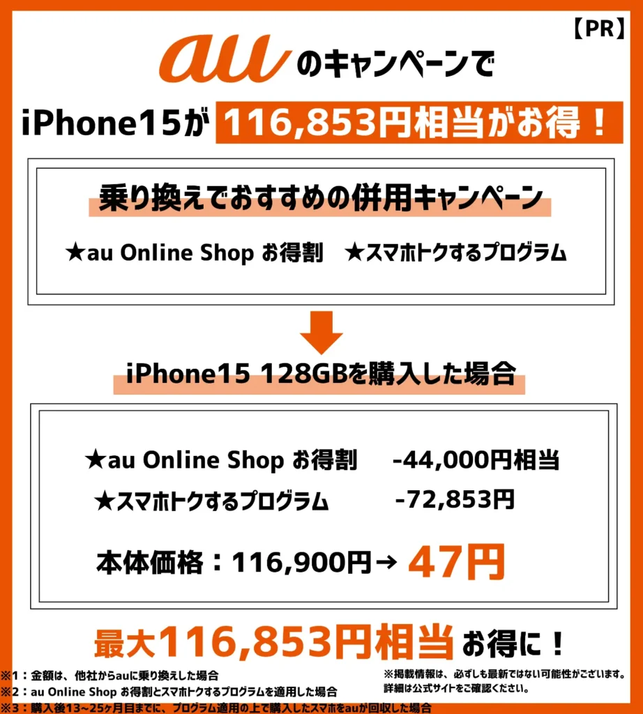 auの乗り換えキャンペーンでiPhone15が最安47円!端末割引がお得