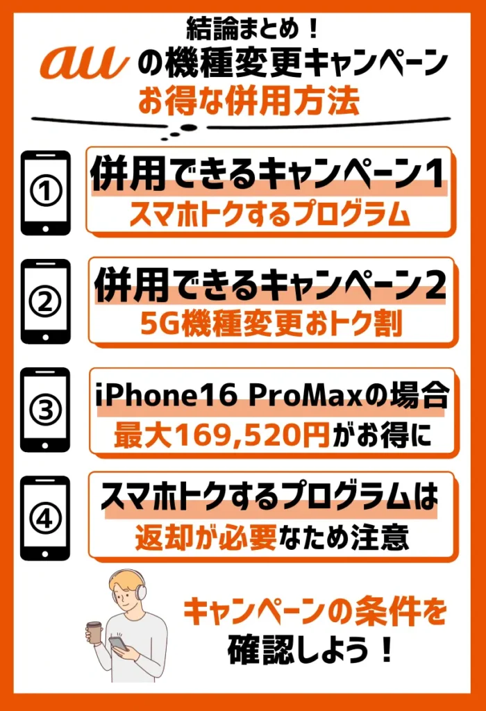 併用方法1:auの機種変更キャンペーンの組み合わせで最大169,520円がお得に