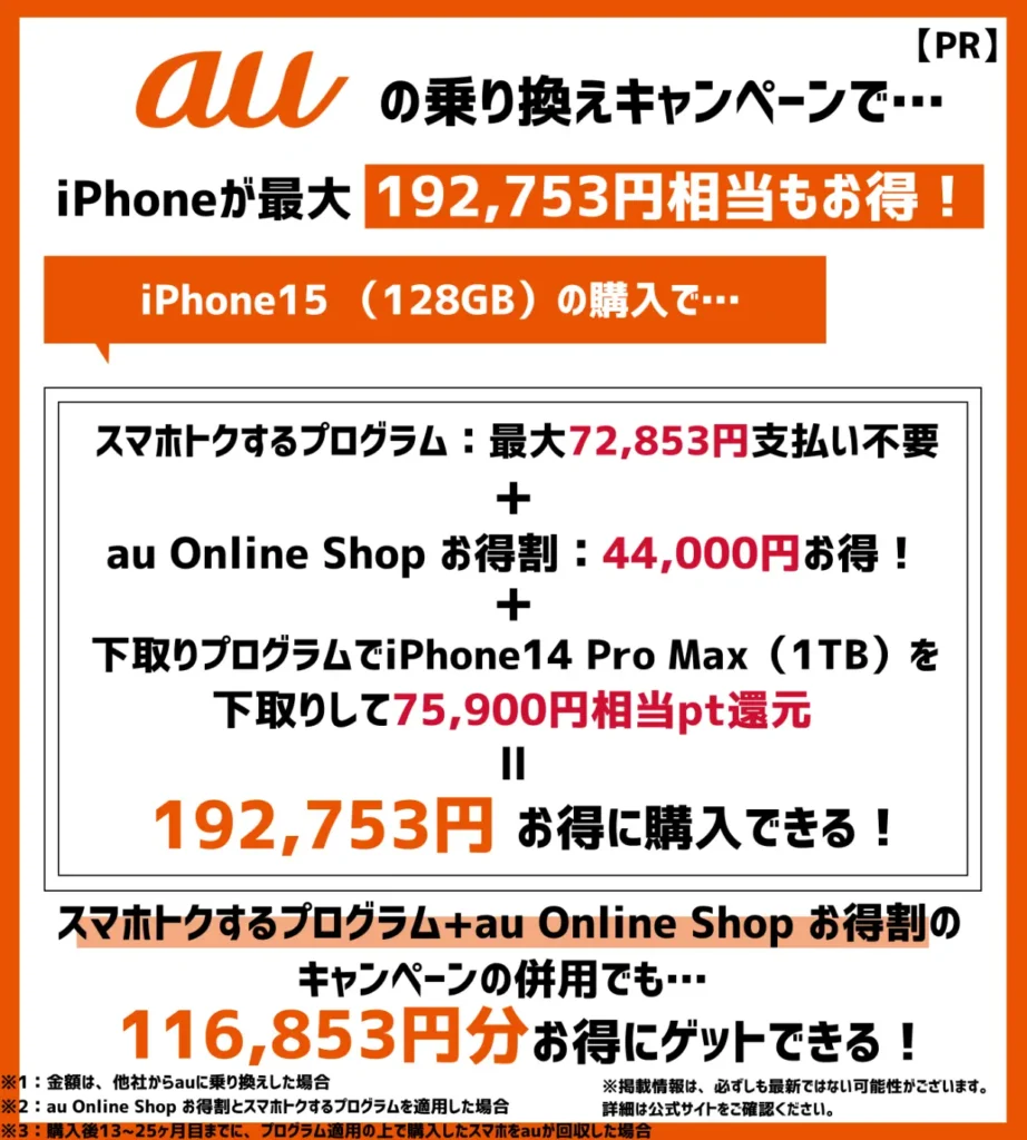 auでiPhone15を購入するなら、キャンペーンの併用がおすすめ!最大19万円以上もお得に!