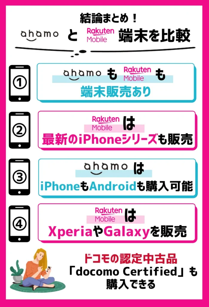 【端末を比較】ahamoも楽天モバイルもiPhoneもAndroidも購入可能