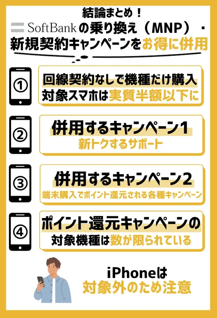 回線契約なしで機種だけ購入｜ソフトバンクのキャンペーンを併用すると対象スマホは実質半額以下に値引き可能