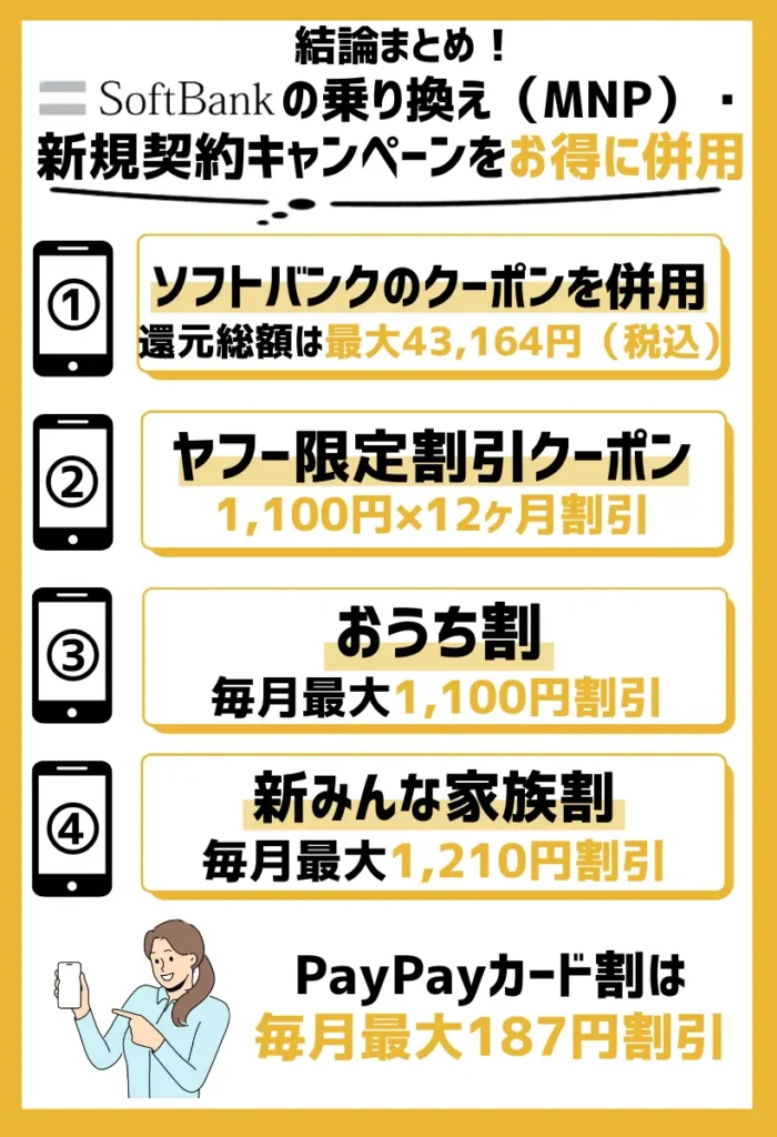ソフトバンクのクーポンを併用｜キャンペーンと合わせて最初の1年間は43,164円相当の割引還元