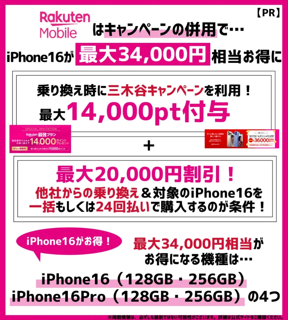 【3.4万円分】三木谷キャンペーン（14,000pt） + iPhone16シリーズの割引CPでさらに2万円割引