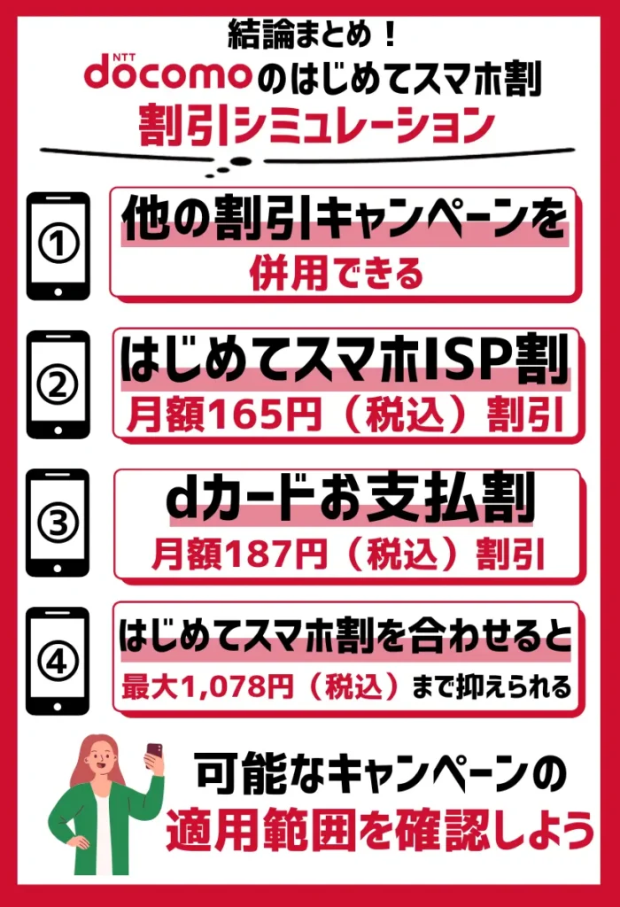 キャンペーン適用での割引シミュレーション：「はじめてスマホISP割」や「dカードお支払割」とも併用可能