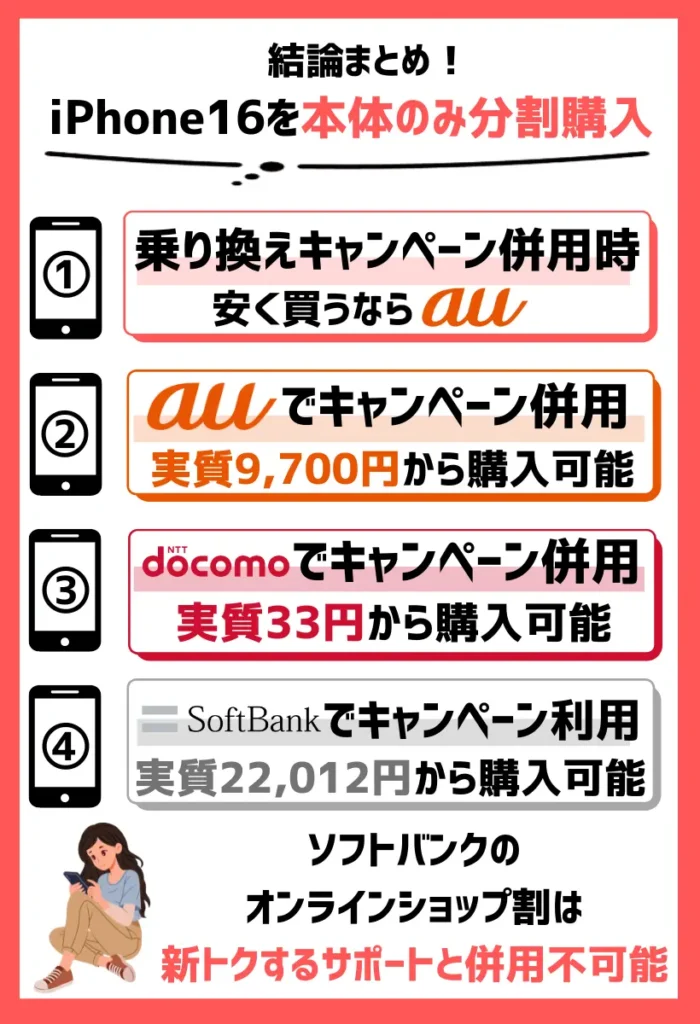 【乗り換えキャンペーン併用時】iPhone16シリーズを安く買うならドコモ!割引と残価分の免除が適用できる