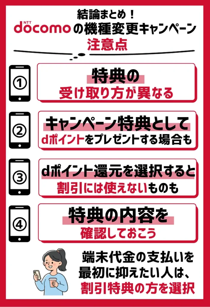特典の受け取り方が異なる｜ドコモでは割引のほかにdポイントのプレゼントも選択可能