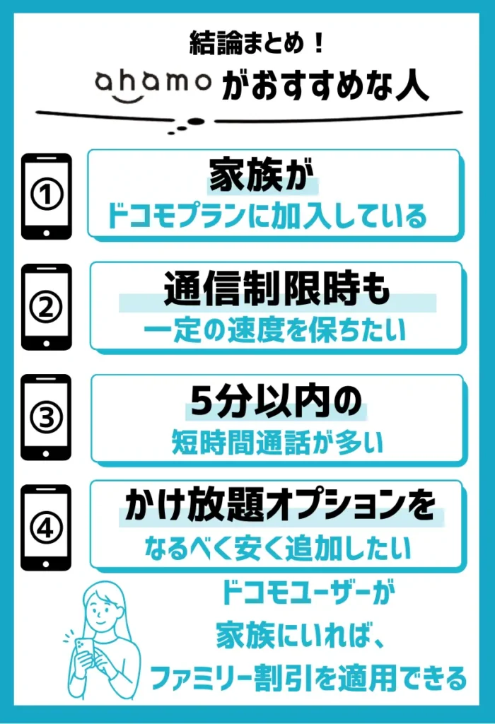 【ahamoがおすすめ】短時間通話や海外ローミングを使うことが多く安定した通信速度が欲しい人