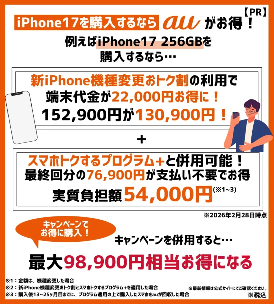 機種変更でiPhone17 256GBを購入&キャンペーンの併用で端末代が実質54,000円